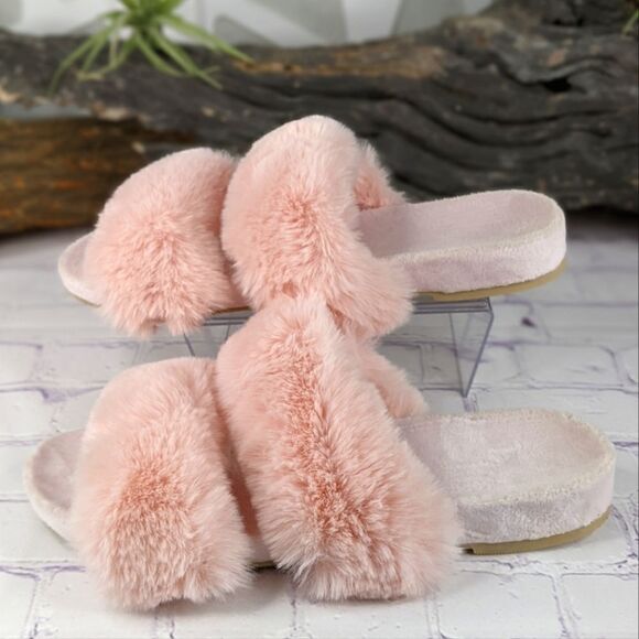 LOFT Fuzzy Faux Fur Double Strap Slippers (Size: M 7-8) - Picture 4 of 7